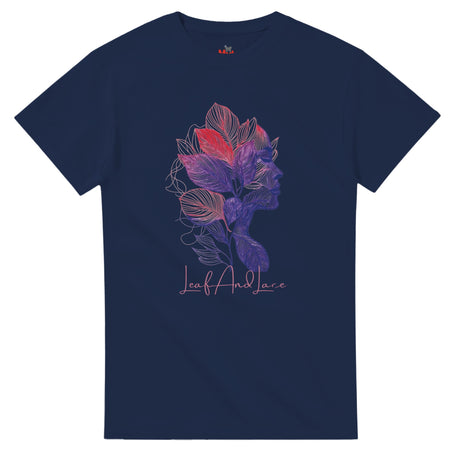 Navy blue t-shirt with a colorful floral design and 'Leaf and Lace' text on a white background