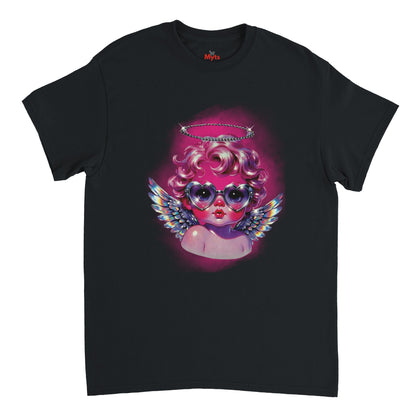 Black t-shirt with a colorful angel design on a white background
