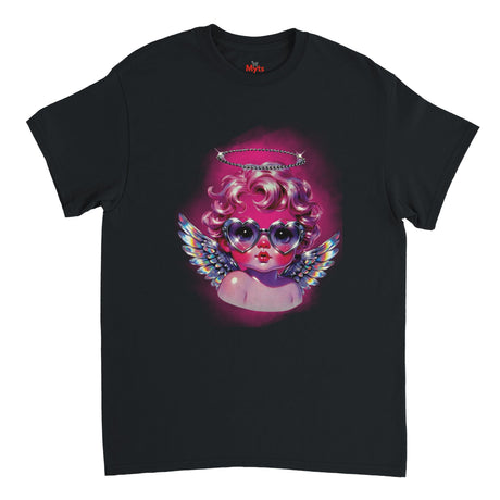 Black t-shirt with a colorful angel design on a white background