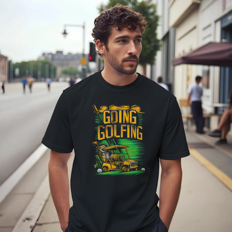 Man wearing a black t-shirt with a colorful graphic and text on a city street.