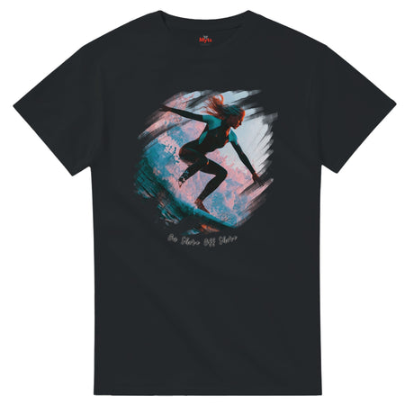 Black t-shirt with a graphic of a person surfing on a colorful wave design.
