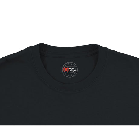 Black t-shirt with a logo on the collar against a white background