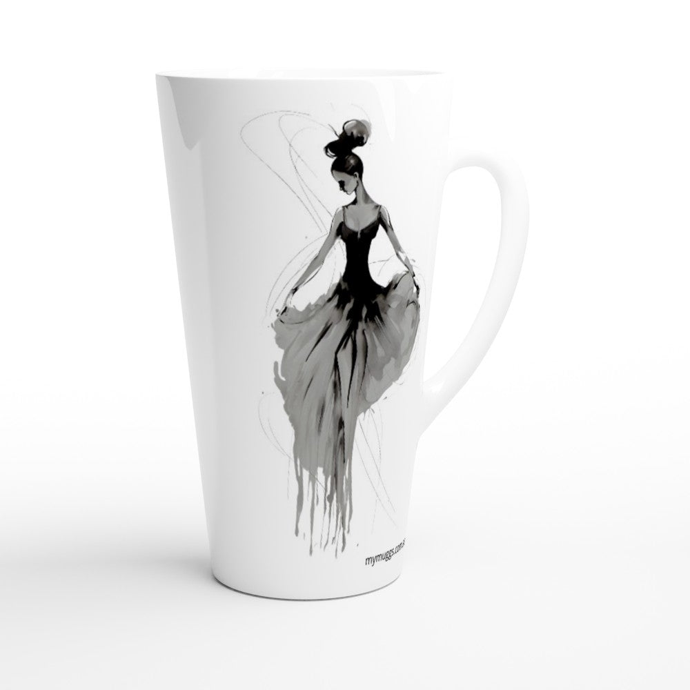 A white ceramic latte mug featuring a black and gray artistic illustration of a woman in a flowing dress, shown on a clean white background.