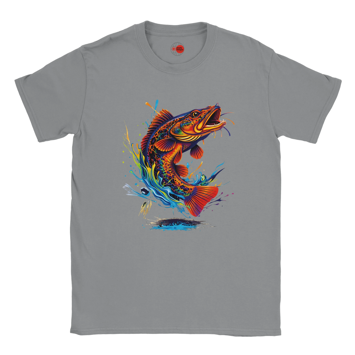 Gray t-shirt with a colorful fish graphic on a white background