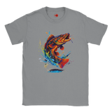 Gray t-shirt with a colorful fish graphic on a white background