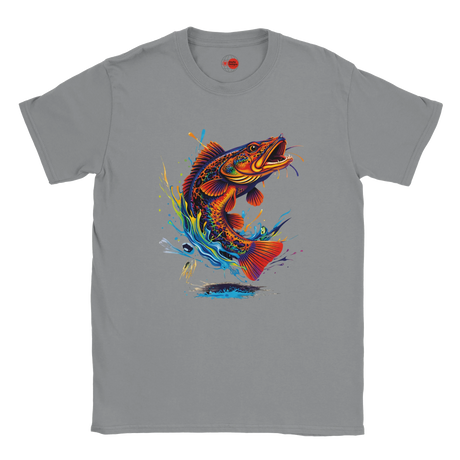 Gray t-shirt with a colorful fish graphic on a white background
