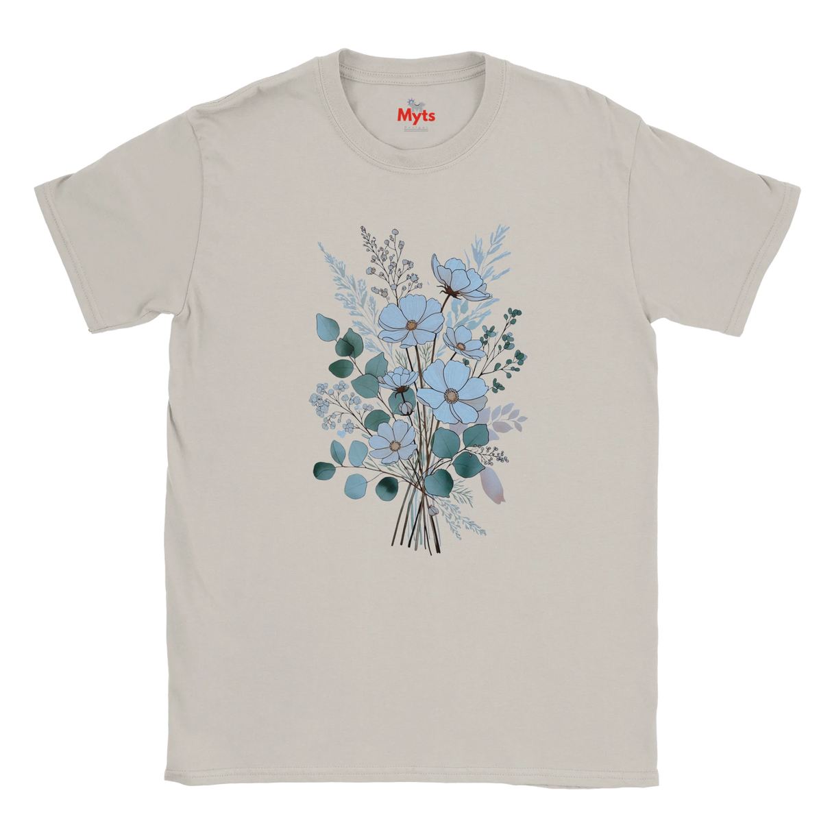 A light beige crewneck t-shirt featuring a central graphic of a floral bouquet with light blue flowers, green leaves, and a butterfly. The brand name 'Myts' is printed in red inside the collar.