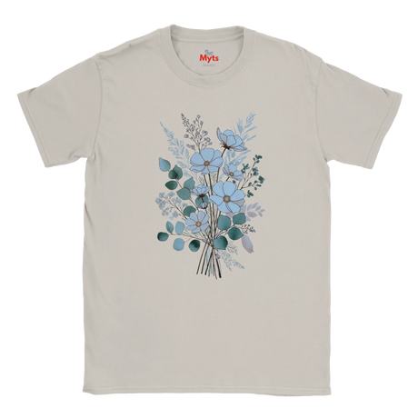 A light beige crewneck t-shirt featuring a central graphic of a floral bouquet with light blue flowers, green leaves, and a butterfly. The brand name 'Myts' is printed in red inside the collar.