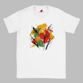 White T-shirt with bold abstract floral design featuring red blooms, yellow and green brushstrokes, and black line art accents, from MytsDesigns.com
