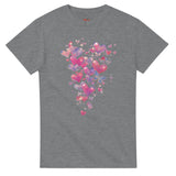 Gray t-shirt with colorful heart design on a white background
