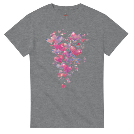 Gray t-shirt with colorful heart design on a white background