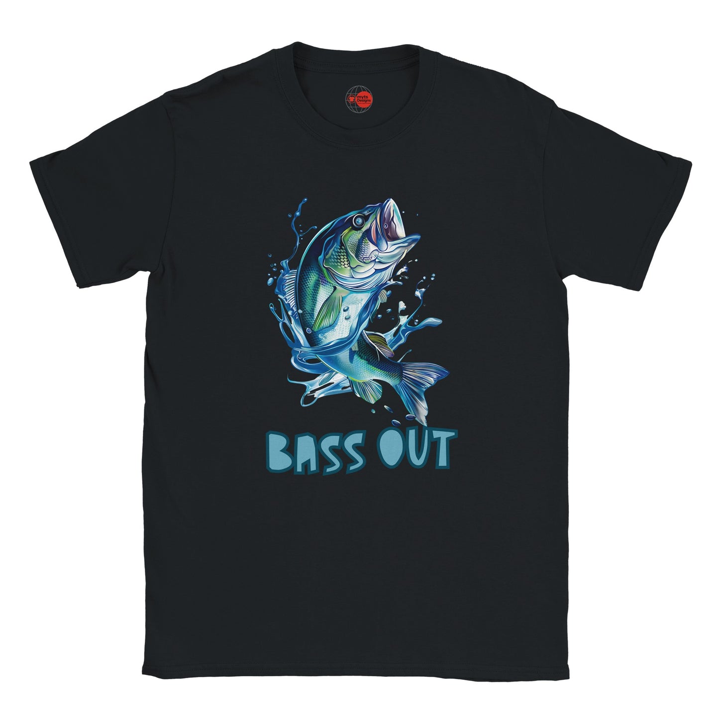 Black t-shirt with a blue bass graphic and 'BASS OUT' text on a white background
