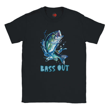 Black t-shirt with a blue bass graphic and 'BASS OUT' text on a white background