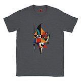 “Dark Heather unisex T-shirt featuring an abstract geometric face design inspired by Picasso’s Cubist art, with bold shapes and vibrant colors, available from MytsDesigns.com”