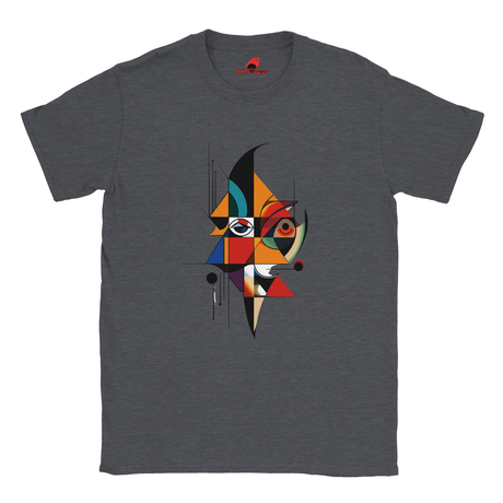 “Dark Heather unisex T-shirt featuring an abstract geometric face design inspired by Picasso’s Cubist art, with bold shapes and vibrant colors, available from MytsDesigns.com”
