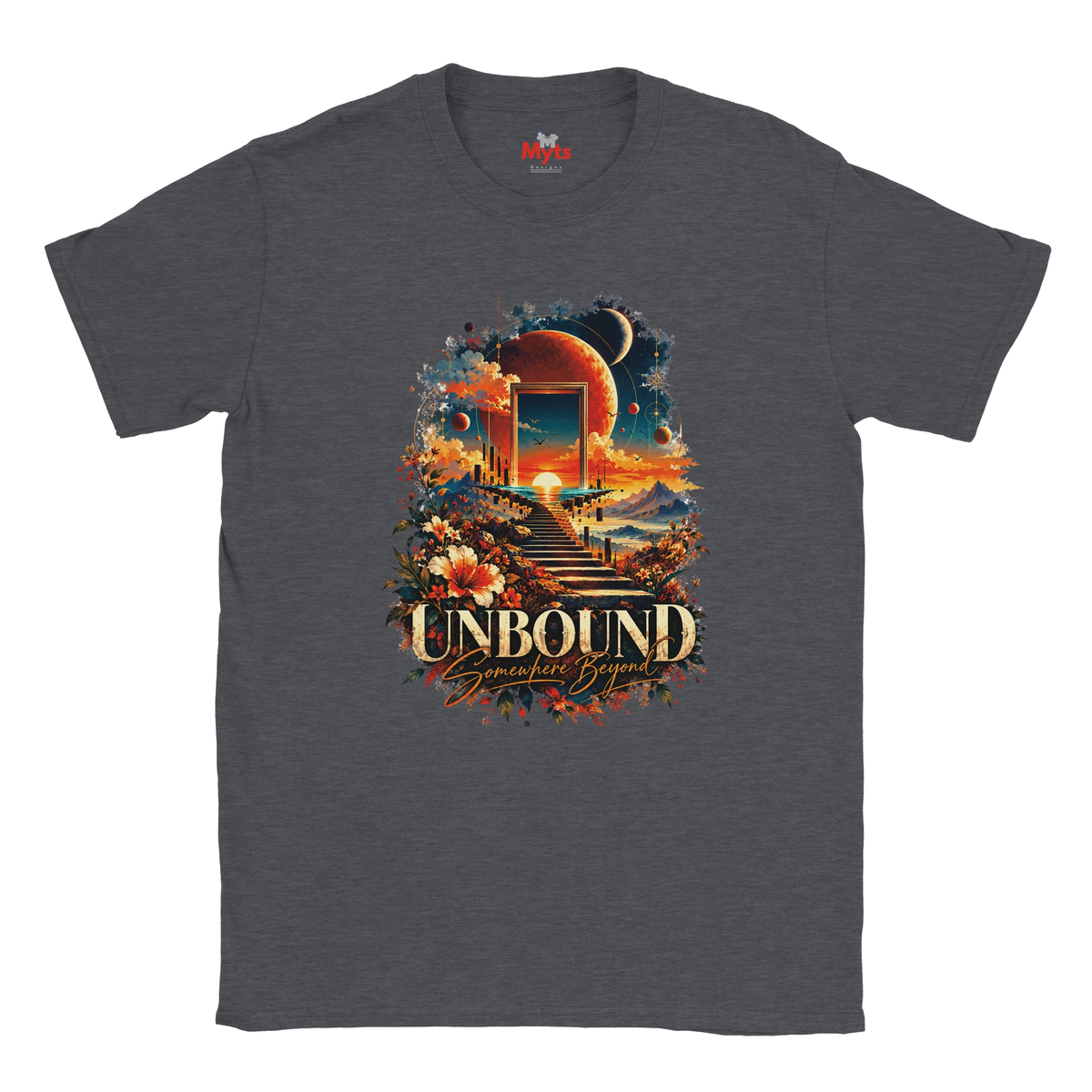 A Dark Heather T-shirt with surreal space and floral design with the words in bold "Unbound" and in a script style below "Somewhere Beyond"