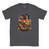 A Dark Heather T-shirt with surreal space and floral design with the words in bold "Unbound" and in a script style below "Somewhere Beyond"