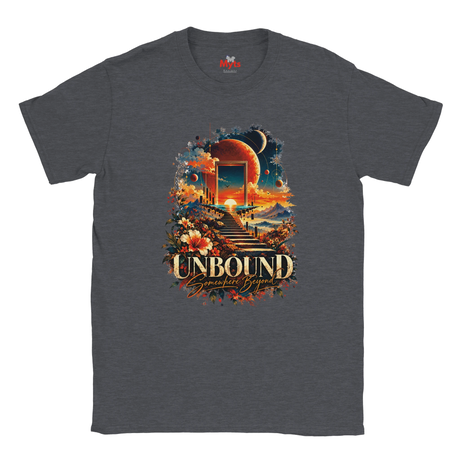 A Dark Heather T-shirt with surreal space and floral design with the words in bold "Unbound" and in a script style below "Somewhere Beyond"