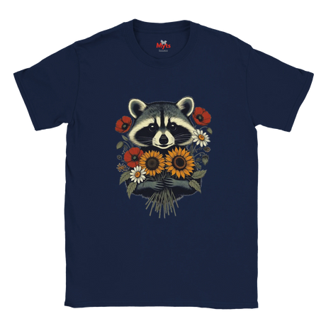 A navy blue short-sleeve crewneck t-shirt featuring a graphic print of a raccoon holding a bouquet of sunflowers, daisies, and red poppies, displayed on a clean white background.