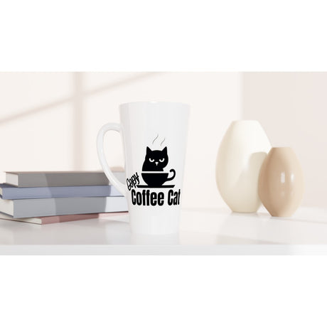 A white ceramic latte mug with a black graphic of a cat in a coffee cup and the text 'LOVE Coffee Cat' printed on the side, styled on a white surface next to books and two ceramic vases.