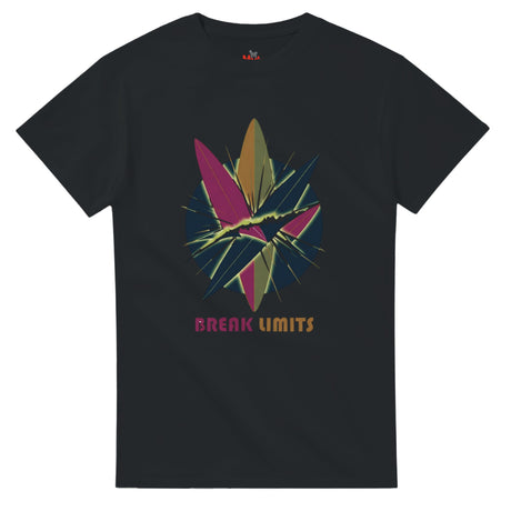 Black t-shirt with colorful graphic design and 'Break Limits' text on a white background
