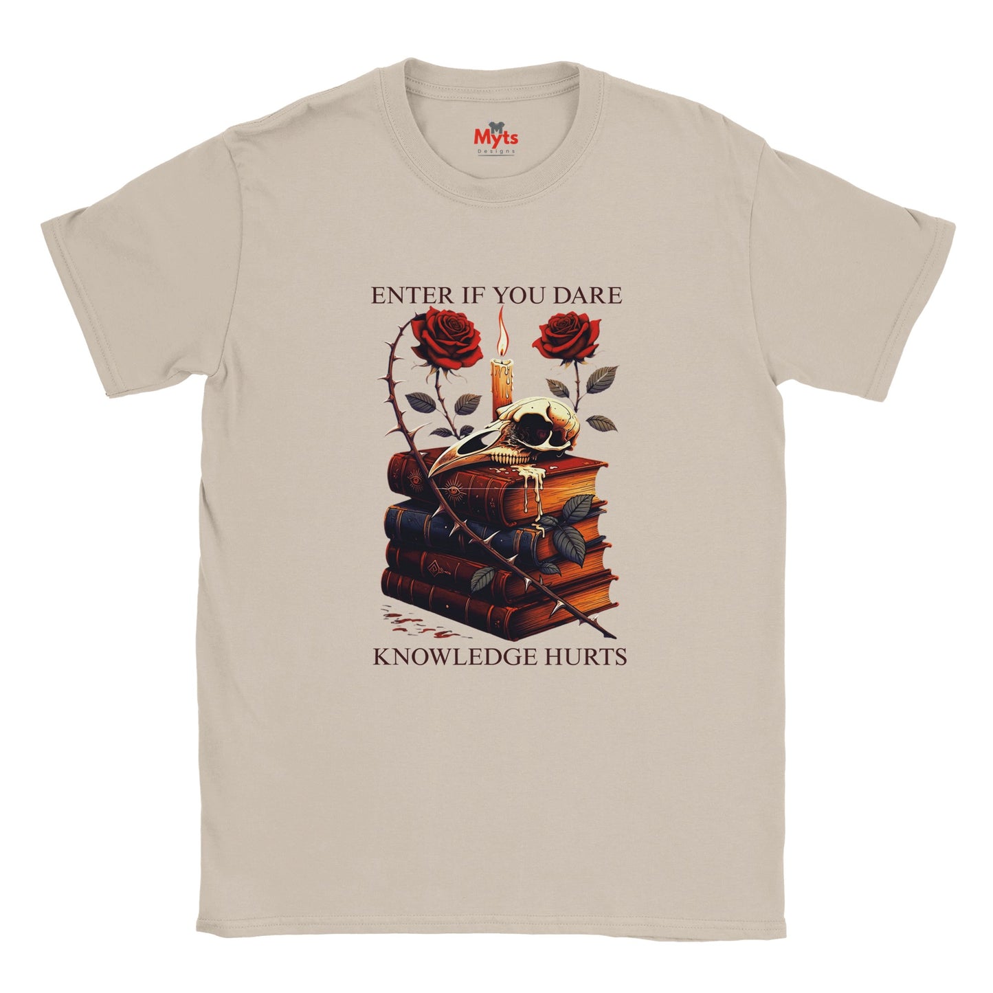 Natural t-shirt with a graphic design of books, roses, and candles on a white background.