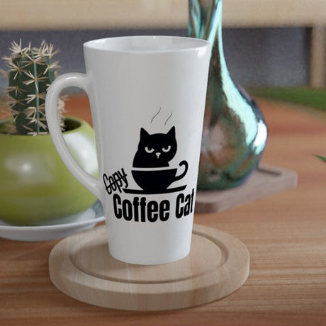 A white ceramic coffee mug with a black cat and coffee cup graphic and the words 'Coffee Cat' printed on the side, sitting on a round wooden coaster on a wooden table.