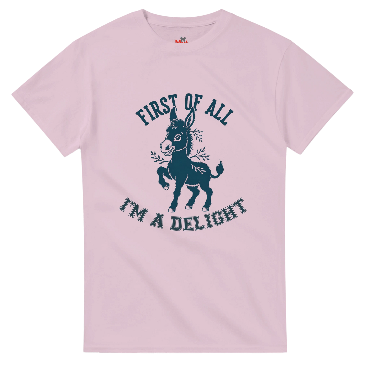 Pink t-shirt with a donkey graphic and text on a white background