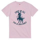 Pink t-shirt with a donkey graphic and text on a white background
