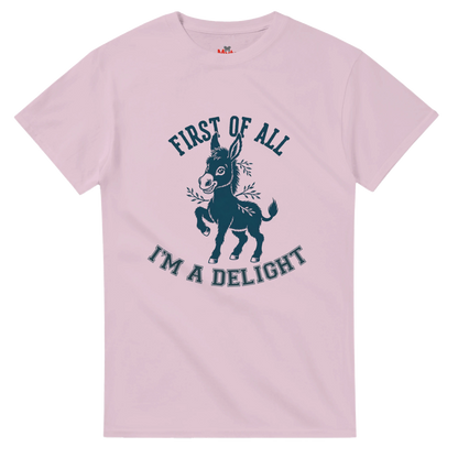 Pink t-shirt with a donkey graphic and text on a white background