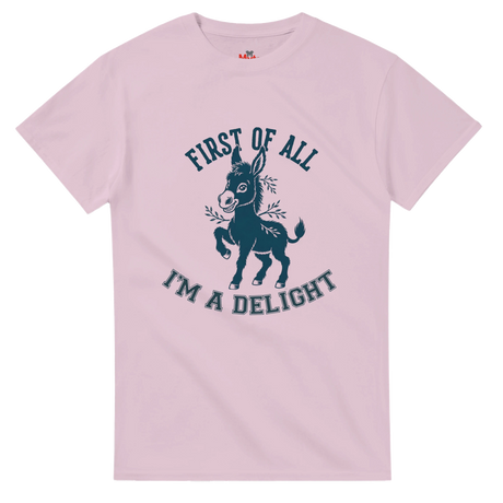 Pink t-shirt with a donkey graphic and text on a white background
