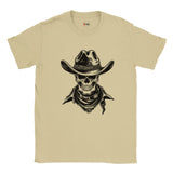 Beige t-shirt with a graphic of a skull wearing a cowboy hat and bandana on a white background