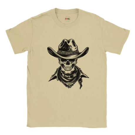 Beige t-shirt with a graphic of a skull wearing a cowboy hat and bandana on a white background
