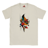 “White unisex T-shirt featuring an abstract geometric face design inspired by Picasso’s Cubist art, with bold shapes and vibrant colors, available from MytsDesigns.com”