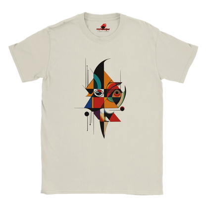 “White unisex T-shirt featuring an abstract geometric face design inspired by Picasso’s Cubist art, with bold shapes and vibrant colors, available from MytsDesigns.com”