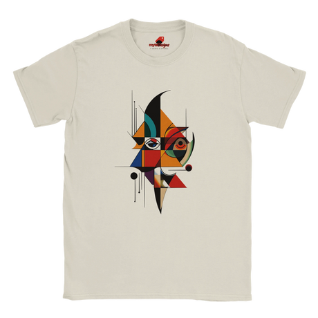 “White unisex T-shirt featuring an abstract geometric face design inspired by Picasso’s Cubist art, with bold shapes and vibrant colors, available from MytsDesigns.com”