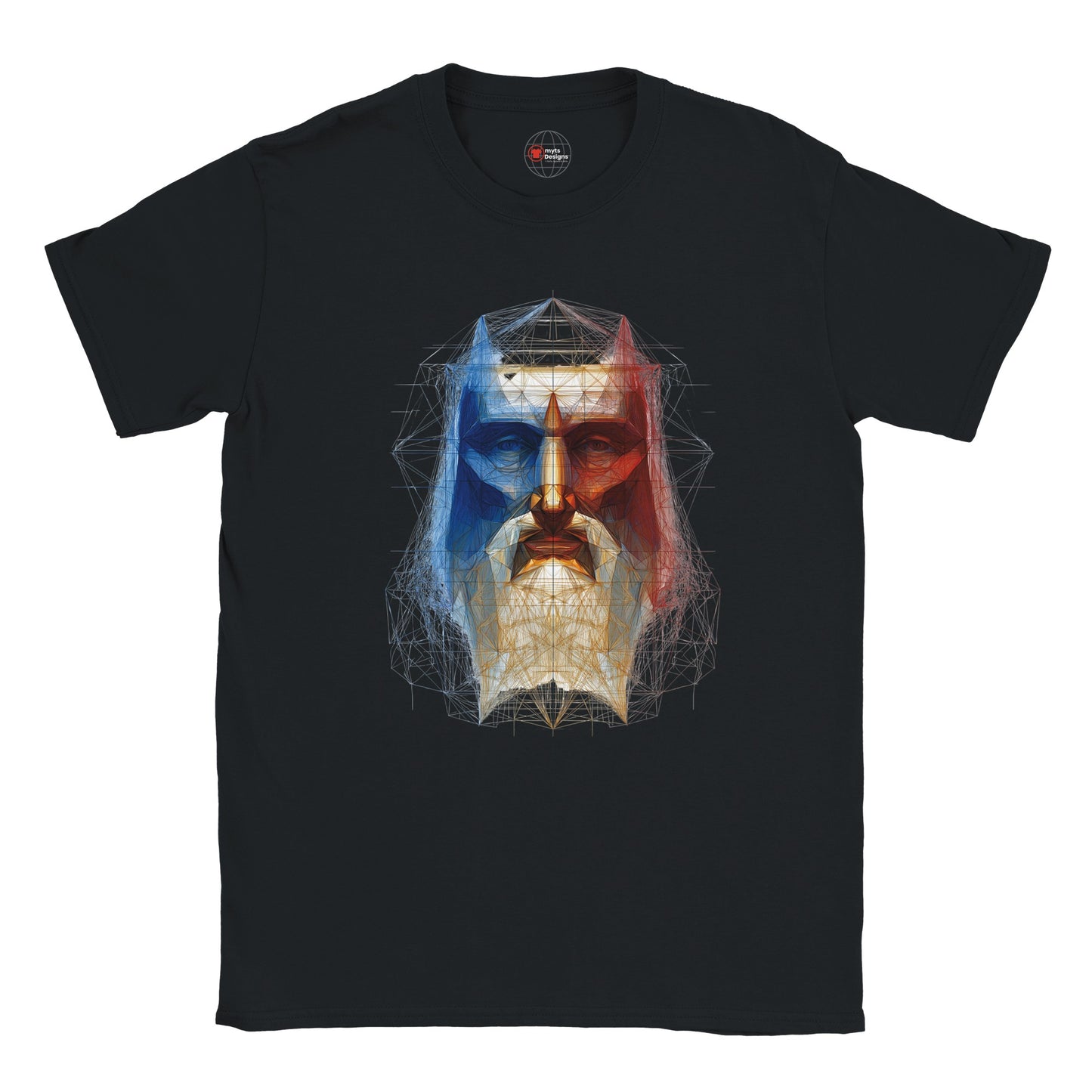 Black t-shirt with a colorful graphic design on a white background