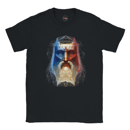 Black t-shirt with a colorful graphic design on a white background