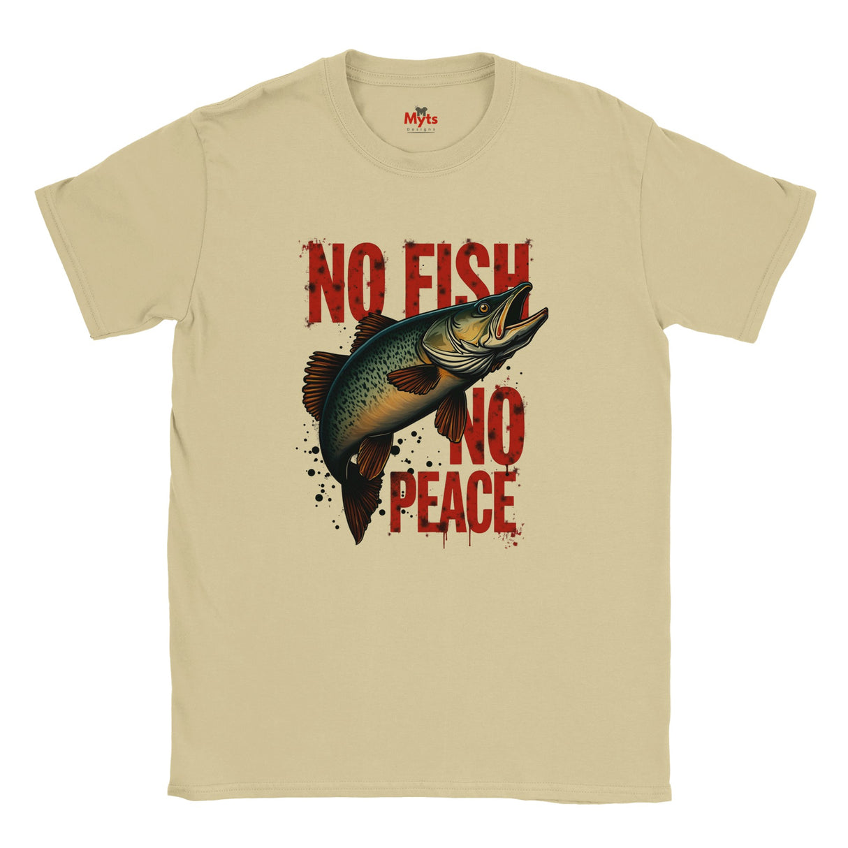 Natural t-shirt with a fish graphic and 'No Fish No Peace' text on a white background