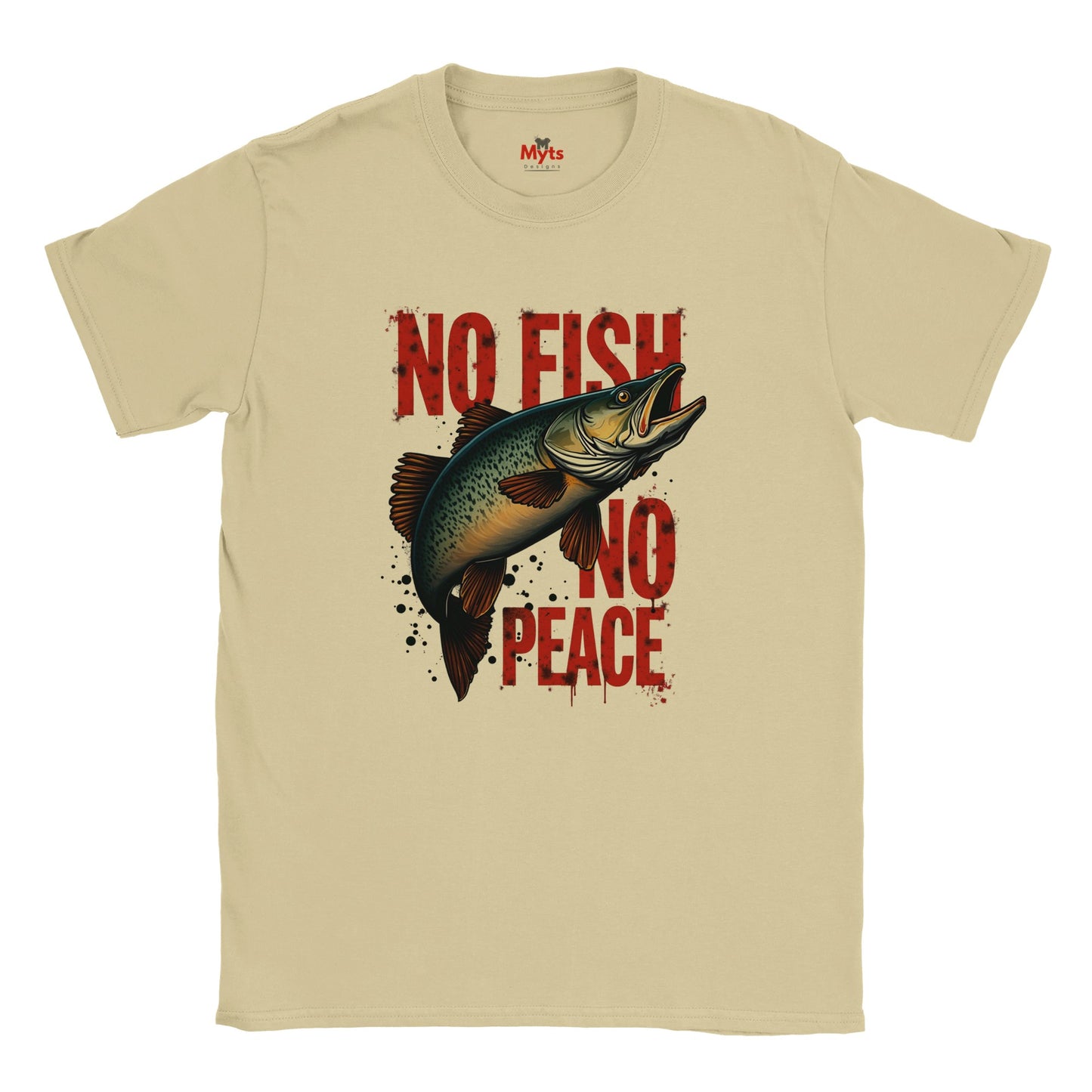 Natural t-shirt with a fish graphic and 'No Fish No Peace' text on a white background
