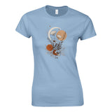 Light blue t-shirt with a floral design on a white background
