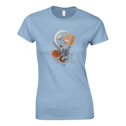 Light blue t-shirt with a floral design on a white background