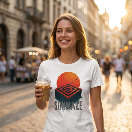 Woman wearing a t-shirt with 'Sunmaze' design on a city street.