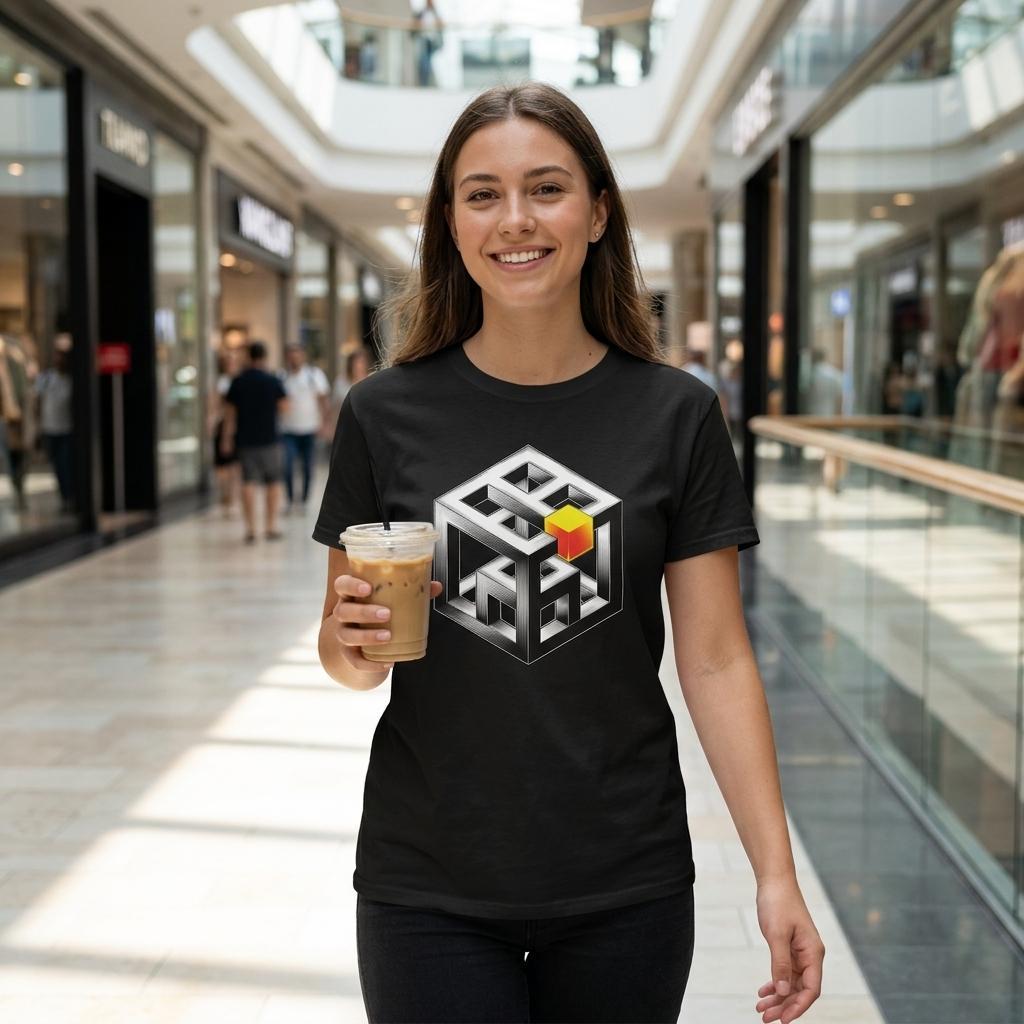 Woman wearing a black t-shirt with a geometric design in a mall
