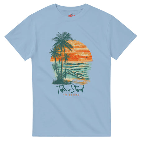 Light blue t-shirt with a tropical design featuring palm trees and a sunset, on a white background.