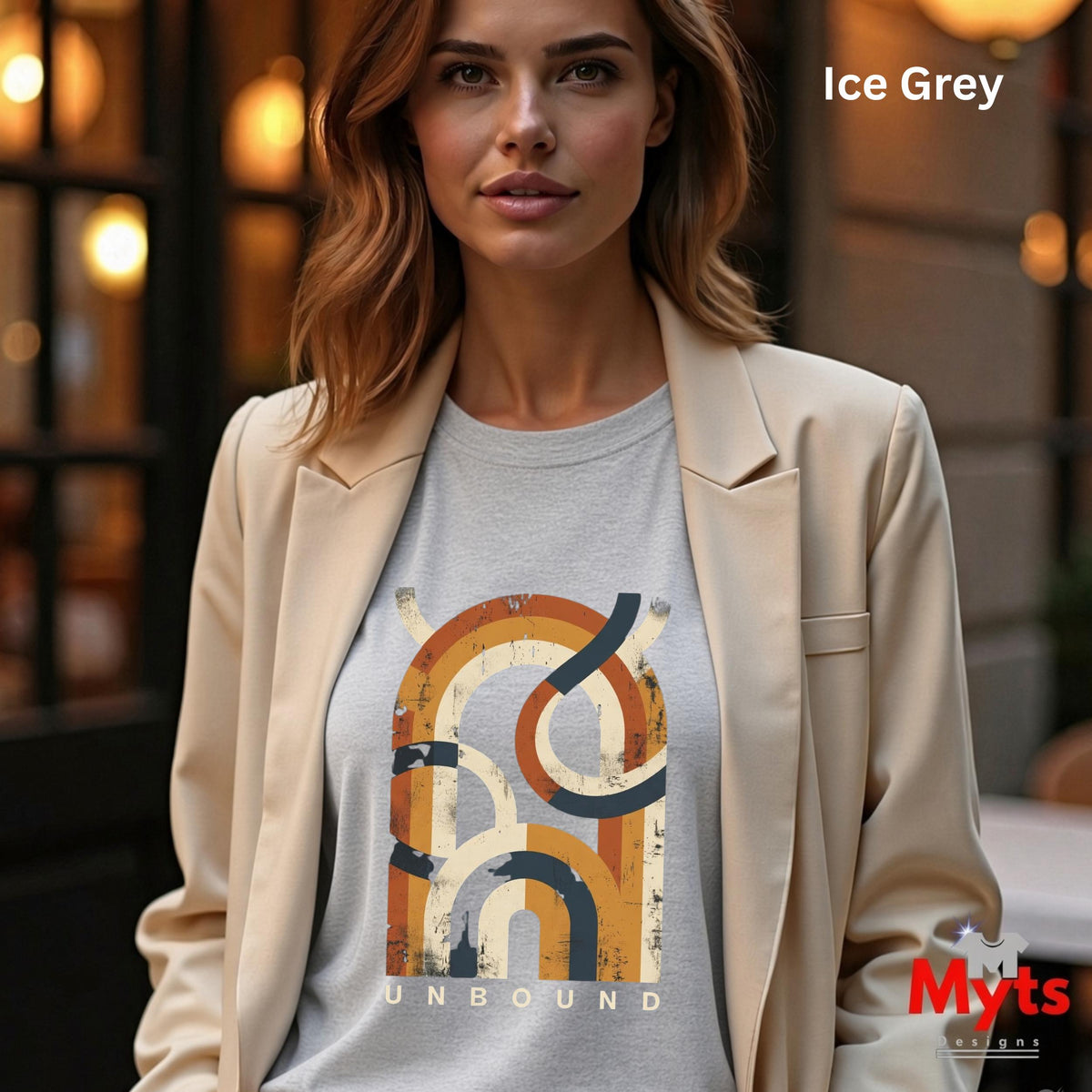 A woman was wearing a Ice Grey t-shirt with a geometric design