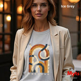 A woman was wearing a Ice Grey t-shirt with a geometric design
