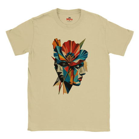 A Natural abstract two-face poppy T-shirt featuring colourful geometric portrait artwork in red, blue, yellow, black and cream.