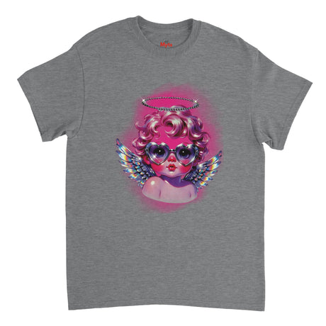 Gray t-shirt with a colorful graphic of an angelic figure wearing sunglasses on a white background