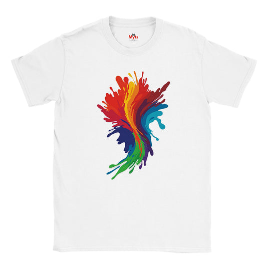 White t-shirt with a colorful abstract design on a white background